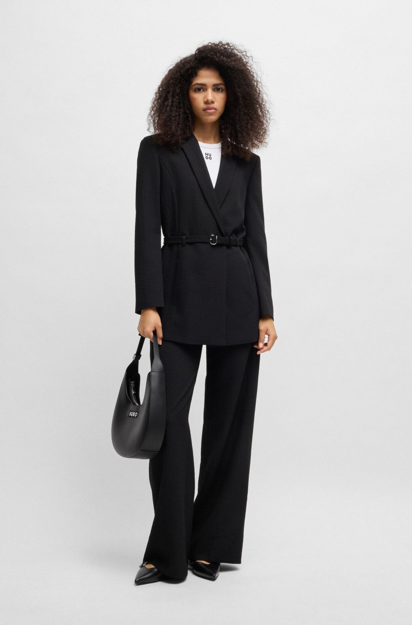 Faux-leather hobo bag with metallic logo lettering, Black