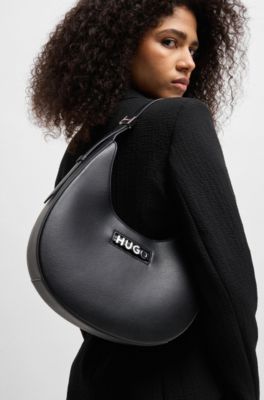 Faux-leather hobo bag with metallic logo lettering, Black