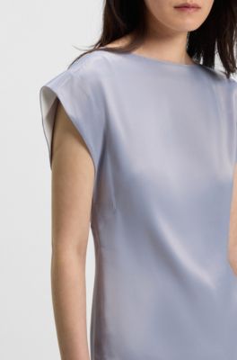 Camicetta slim fit in satin con scollatura drappeggiata, Grigio chiaro