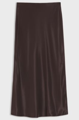 Midi-length A-line skirt in a shiny fabric, Dark Brown