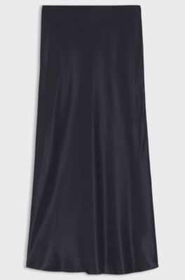 Midi-length A-line skirt in a shiny fabric, Dark Blue