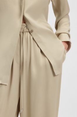 Extra-long relaxed-fit trousers in satin, Light Beige