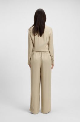 Extra-long relaxed-fit trousers in satin, Light Beige