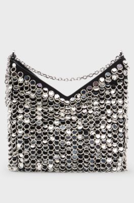 Chain-strap shoulder bag with rings and sequins, Silver
