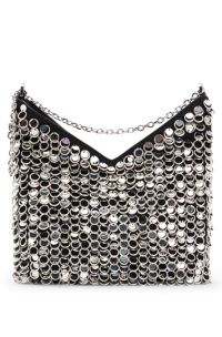 Borsa a spalla con tracolla a catena, anelli e paillettes, Argento