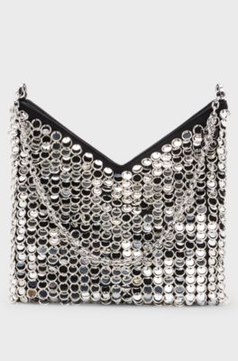 Chain-strap shoulder bag with rings and sequins, Silver