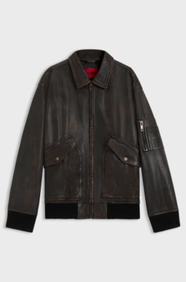Regular-fit jacket in treated leather, Dark Brown
