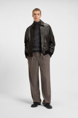 Veste Regular en cuir trait&eacute;, Marron fonc&eacute;