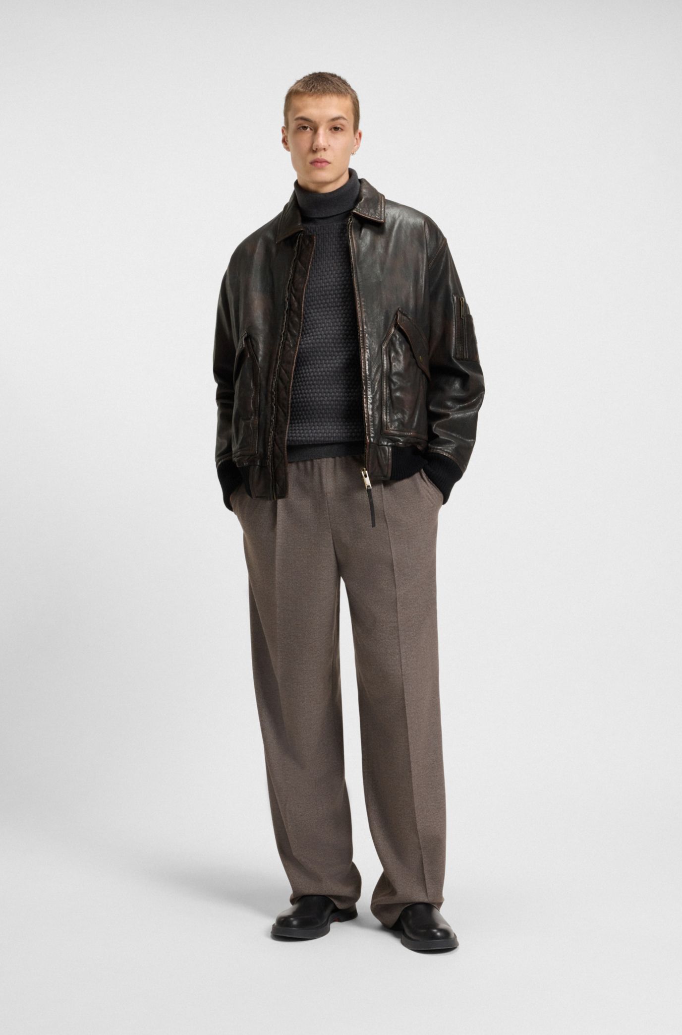 HUGO - レギュラーフィットジャケット トリーテッドレザー - ダーク