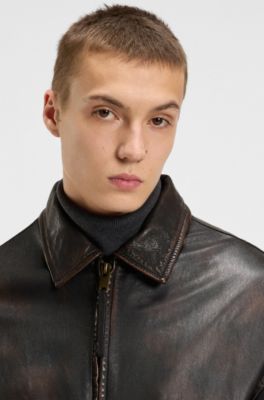 Regular-fit jacket in treated leather, Dark Brown