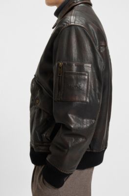 Regular-fit jacket in treated leather, Dark Brown