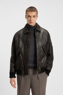 Veste Regular en cuir trait&eacute;, Marron fonc&eacute;