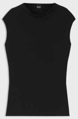 High-neck top in matte fabric, Black