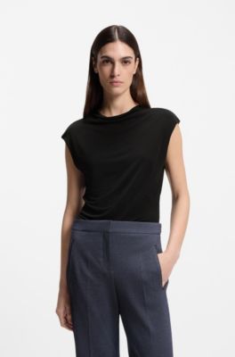 High-neck top in matte fabric, Black
