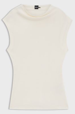 High-neck top in matte fabric, Natural