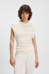 High-neck top in matte fabric, Natural