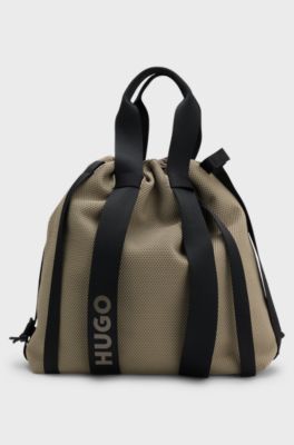 Knitted-structure tote bag with drawstring closure, Brown