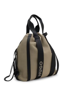 Knitted-structure tote bag with drawstring closure, Brown