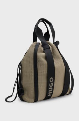 Knitted-structure tote bag with drawstring closure, Brown