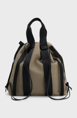 Knitted-structure tote bag with drawstring closure, Brown