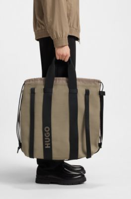 Knitted-structure tote bag with drawstring closure, Brown