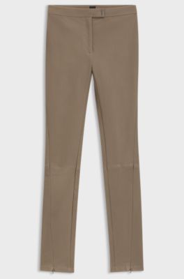 Leather leggings with logo-hook closure, Light Brown