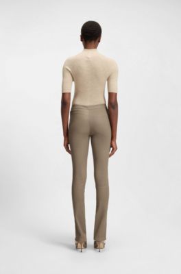 Leggings i l&auml;der med hakst&auml;ngning med logga, Ljusbrun