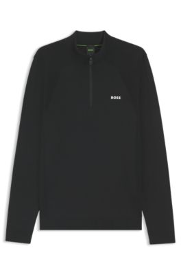 Cotton-blend sweater with quarter zip and body-mapping, Black