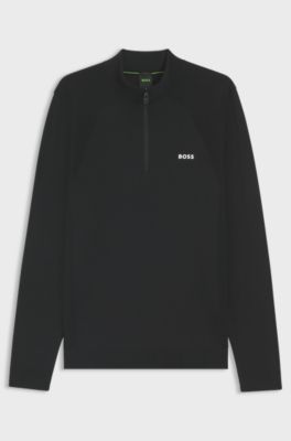 Cotton-blend sweater with quarter zip and body-mapping, Black