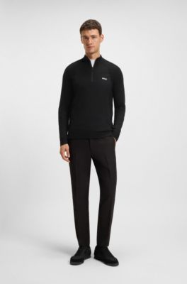 Cotton-blend sweater with quarter zip and body-mapping, Black