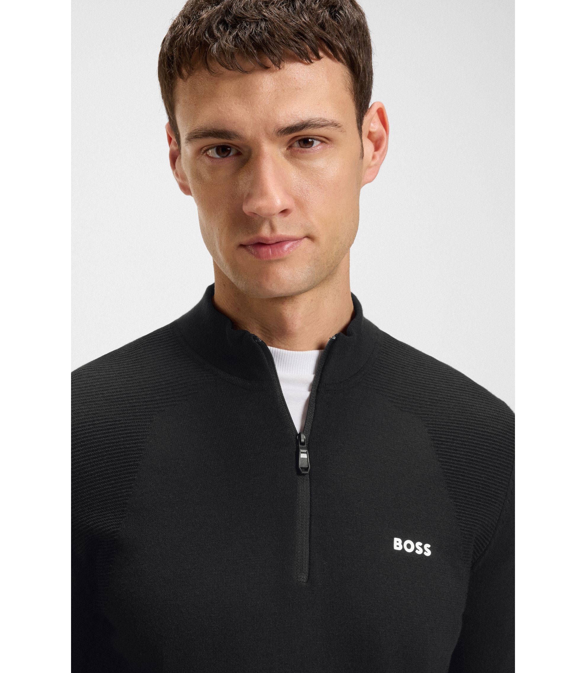 BOSS - Cotton-blend sweater with quarter zip and body-mapping - Black