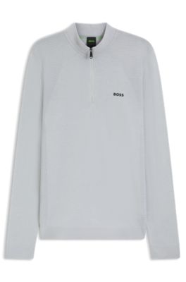 Cotton-blend sweater with quarter zip and body-mapping, Light Grey