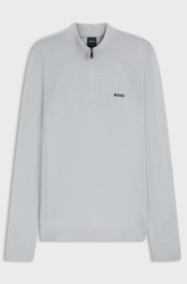 Cotton-blend sweater with quarter zip and body-mapping, Light Grey
