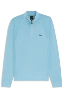 Cotton-blend sweater with quarter zip and body-mapping, Light Blue
