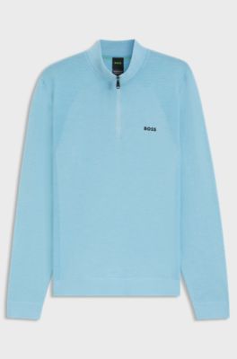 Cotton-blend sweater with quarter zip and body-mapping, Light Blue