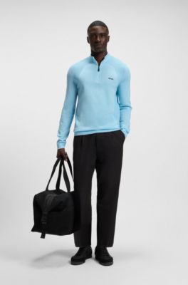 Cotton-blend sweater with quarter zip and body-mapping, Light Blue