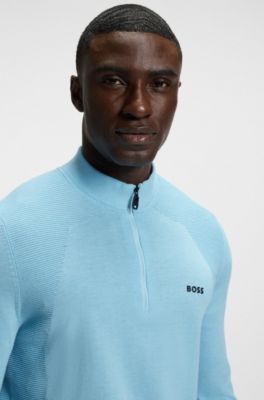 Cotton-blend sweater with quarter zip and body-mapping, Light Blue