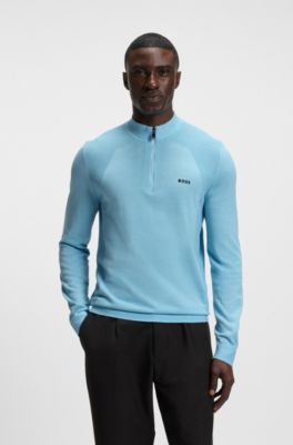 Cotton-blend sweater with quarter zip and body-mapping, Light Blue