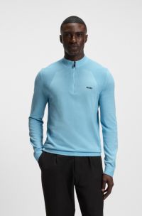 Cotton-blend sweater with quarter zip and body-mapping, Light Blue