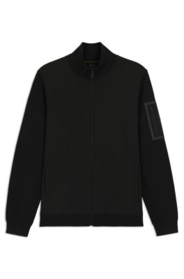 Thermoregulating hybrid jacket with zipped sleeve pocket, Black