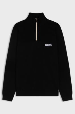 Water-repellent cotton-blend sweater with zip neck, Black