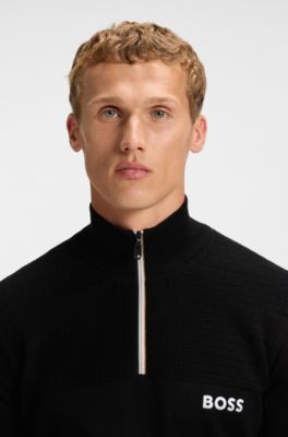Water-repellent cotton-blend sweater with zip neck, Black
