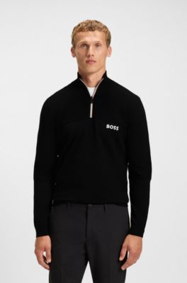 Water-repellent cotton-blend sweater with zip neck, Black