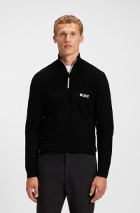 Water-repellent cotton-blend sweater with zip neck, Black