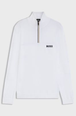 Pull en coton m&eacute;lang&eacute; d&eacute;perlant &agrave; encolure zipp&eacute;e, Blanc