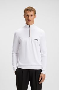 Water-repellent cotton-blend sweater with zip neck, White
