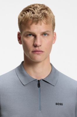 Zip-neck knit polo sweater in cotton, Grey