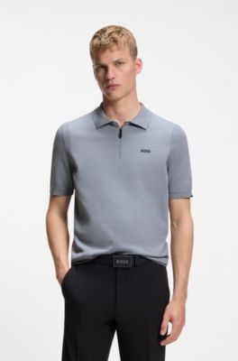 Zip-neck knit polo sweater in cotton, Grey