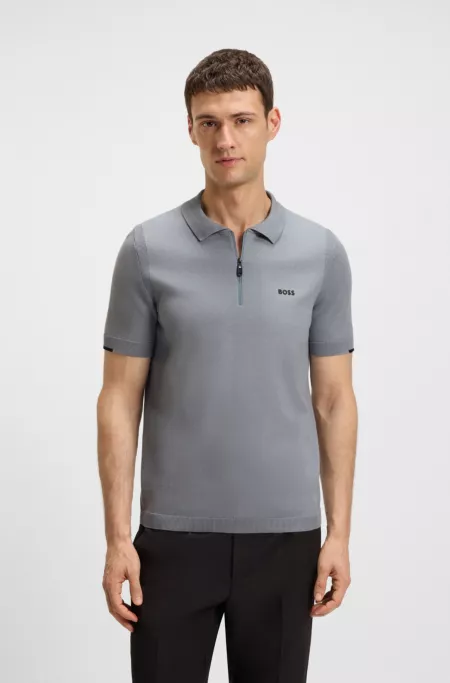 Zip-neck knit polo sweater in cotton