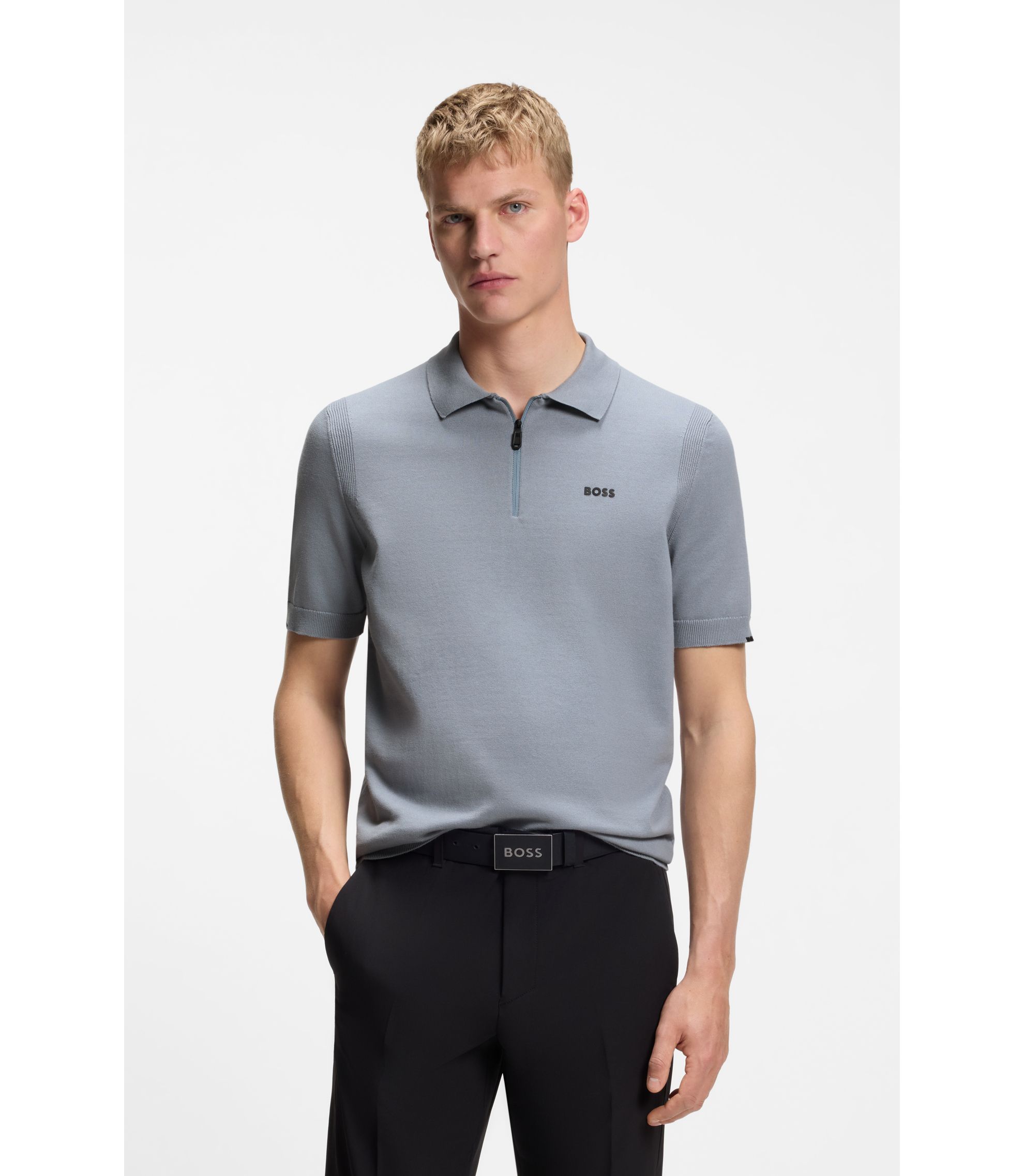 BOSS - Zip-neck knit polo sweater in cotton - Grey